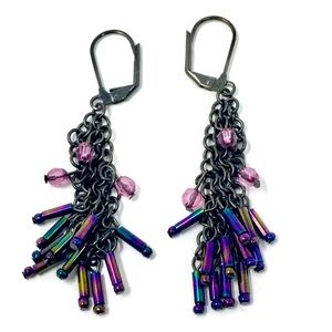 Flapper Girl Purple Iridescent and Pink Beaded Chain Link Tassel Earrings